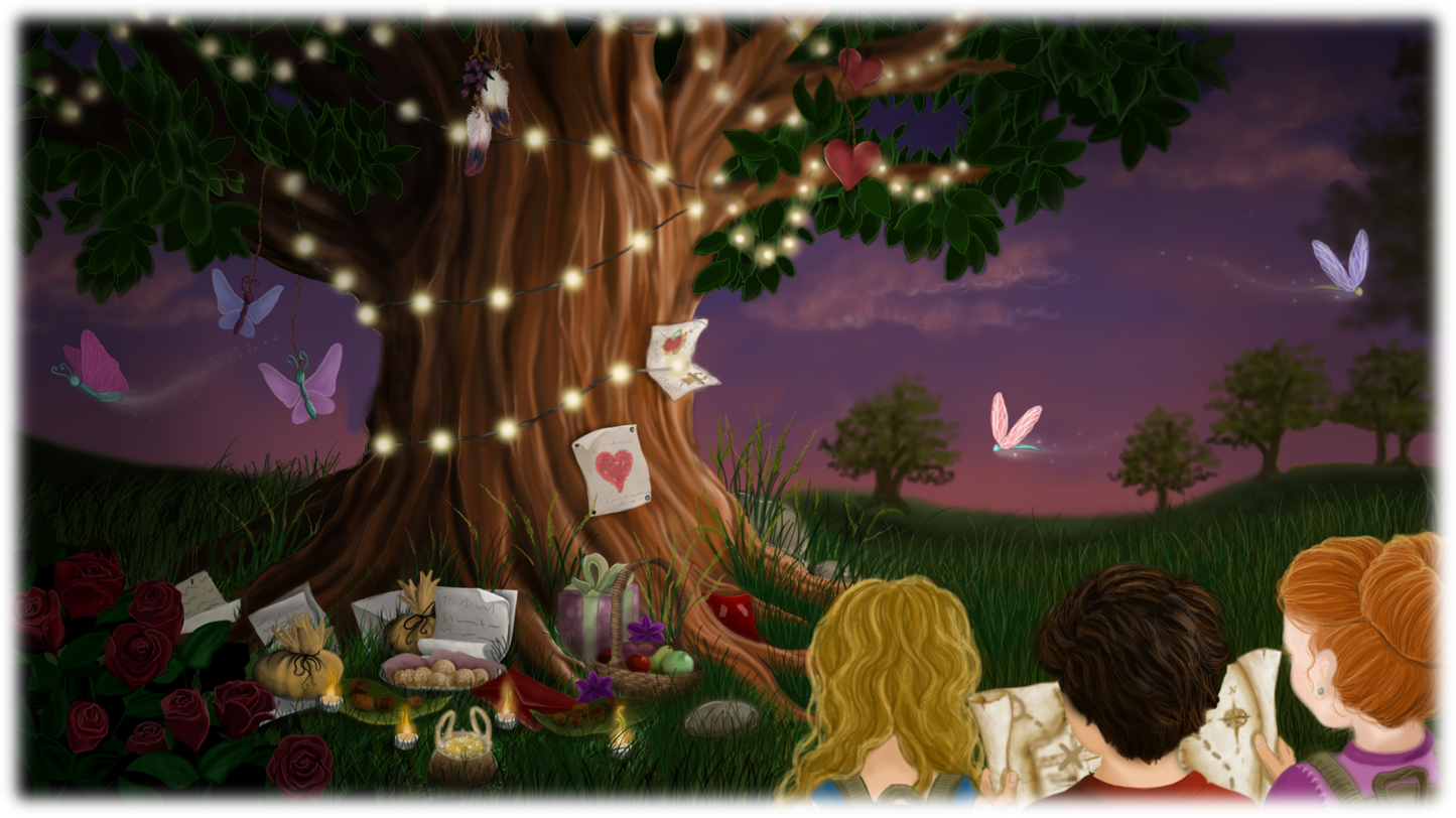 You make your own map and when finishing the story, children follow it to find the treats. They paint something for the fairies and leave it on the tree as a thank you, for the treats they enjoyed