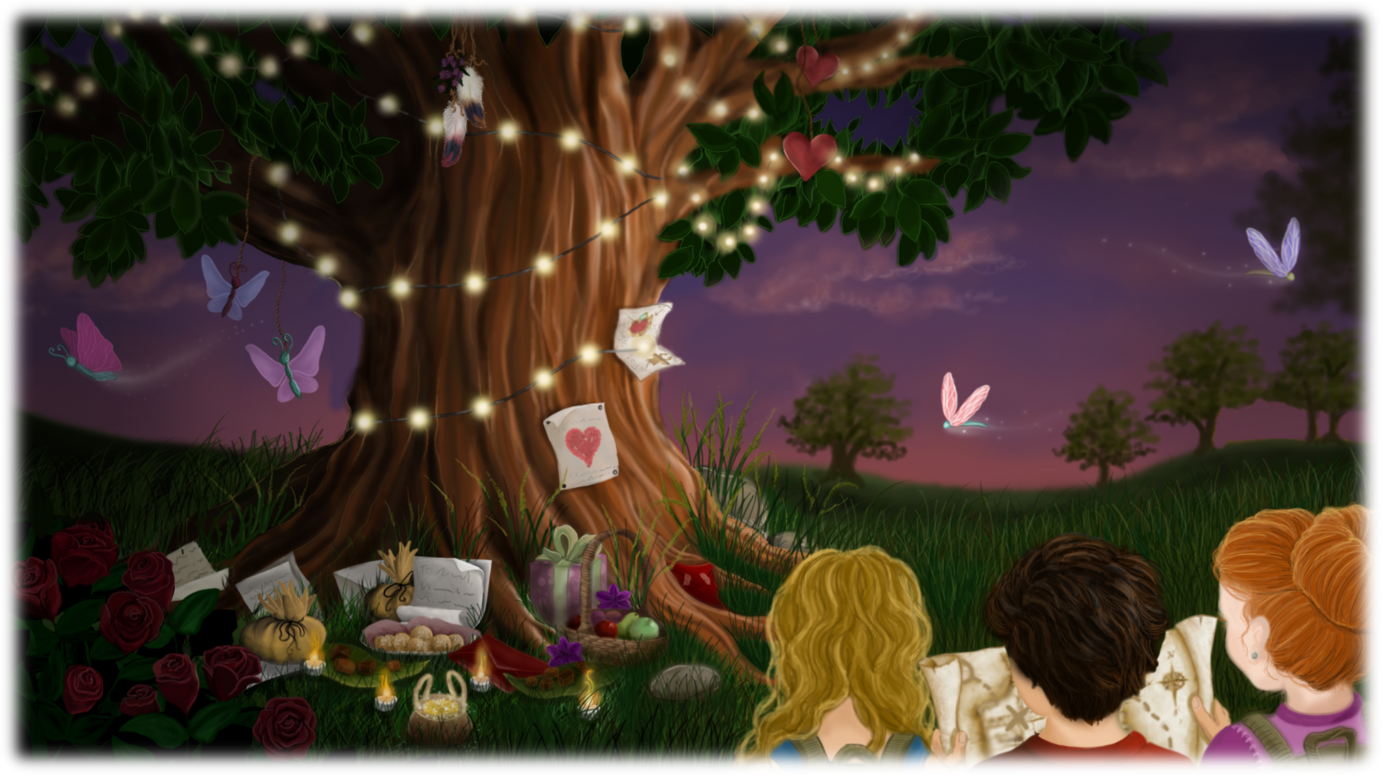 You make your own map and when finishing the story, children follow it to find the treats. They paint something for the fairies and leave it on the tree as a thank you, for the treats they enjoyed